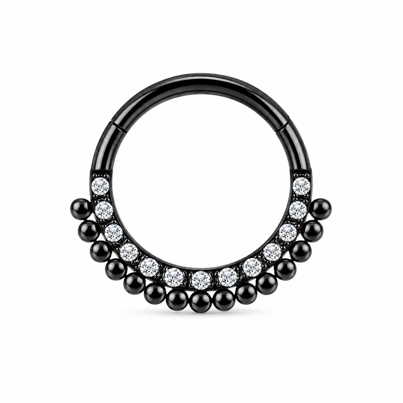Anneau clicker noir PVD double arc zircons et boules ethnique — miniature fond blanc