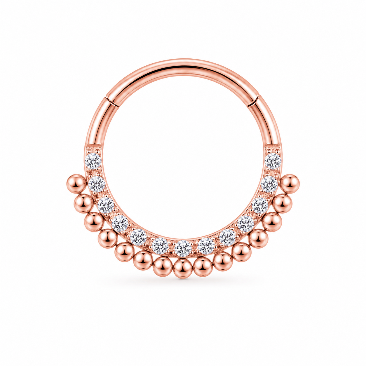 Anneau clicker or rose double arc zircons et boules ethnique — miniature fond blanc