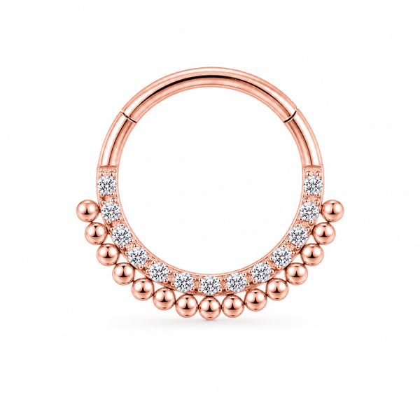 Anneau clicker or rose double arc zircons et boules ethnique — miniature fond blanc
