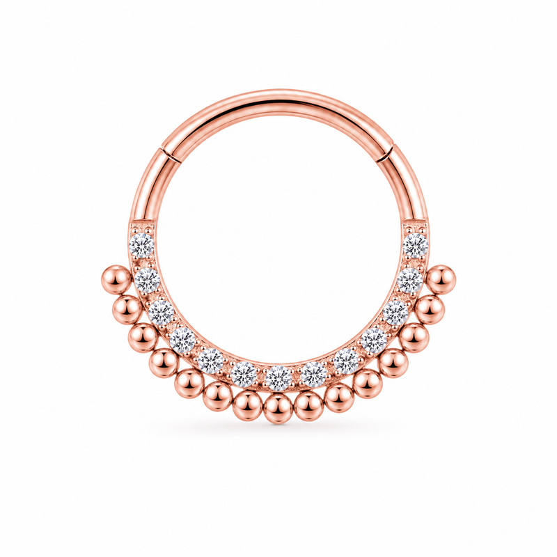 Anneau clicker or rose double arc zircons et boules ethnique — miniature fond blanc