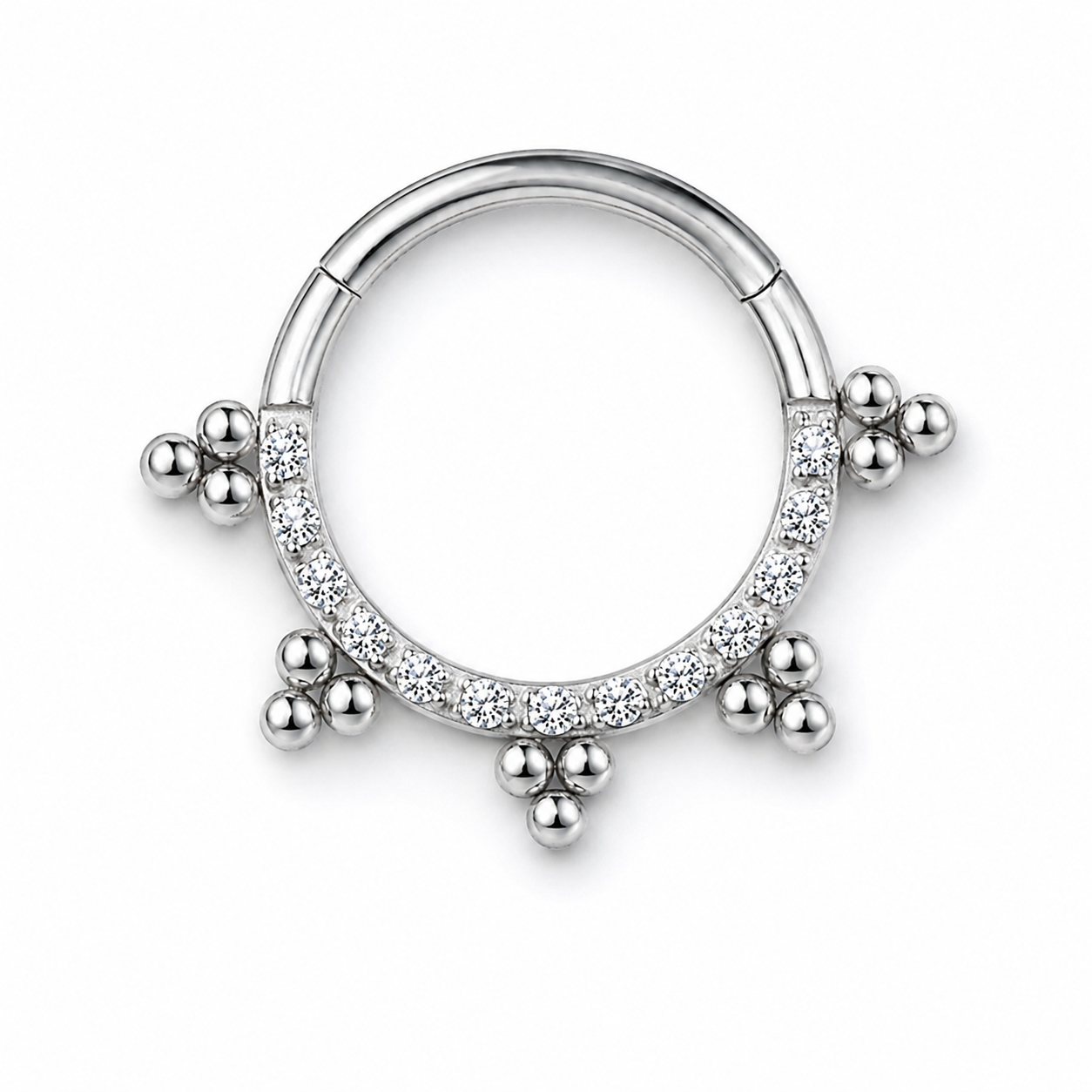 Anneau clicker argente arc zircons grappes boules — miniature fond blanc