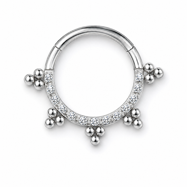 Anneau clicker argente arc zircons grappes boules — miniature fond blanc