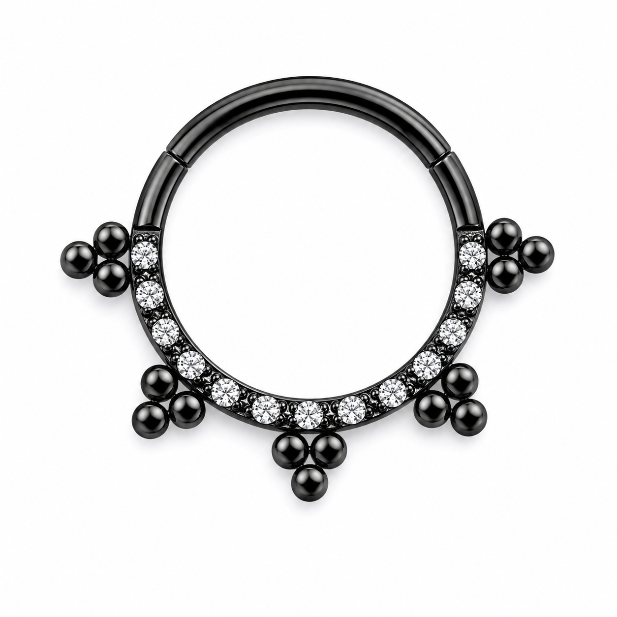 Anneau clicker noir PVD arc zircons 5 grappes boules — miniature fond blanc
