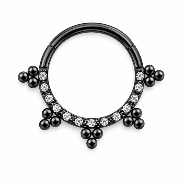 Anneau clicker noir PVD arc zircons 5 grappes boules — miniature fond blanc