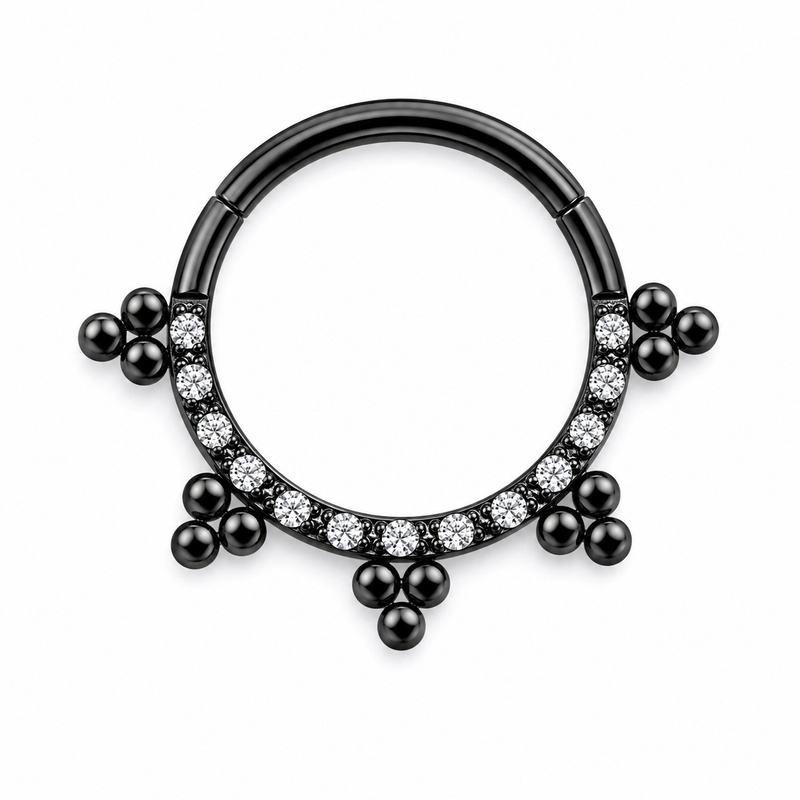 Anneau clicker noir PVD arc zircons 5 grappes boules — miniature fond blanc