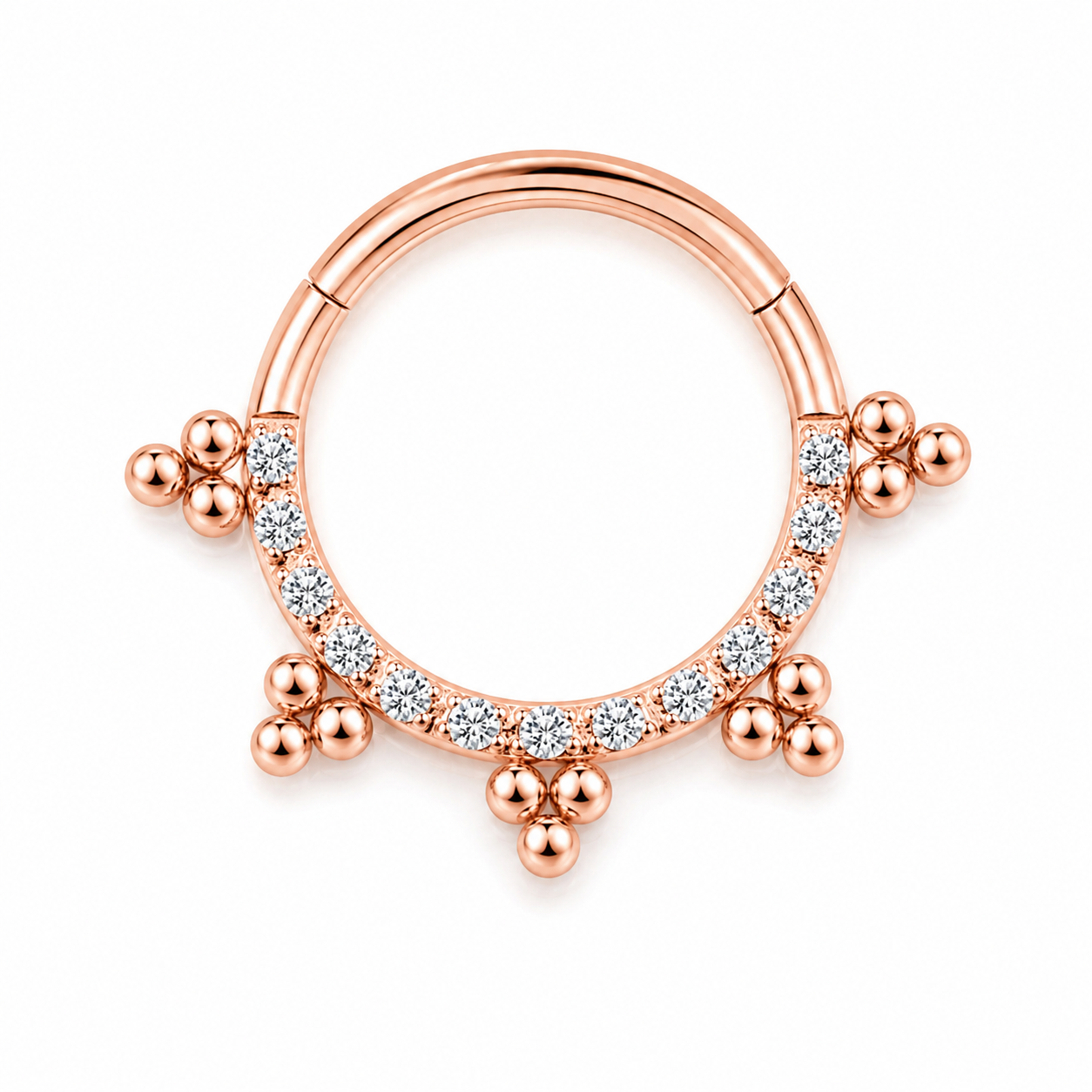 Anneau clicker or rose arc zircons 5 grappes boules — miniature fond blanc