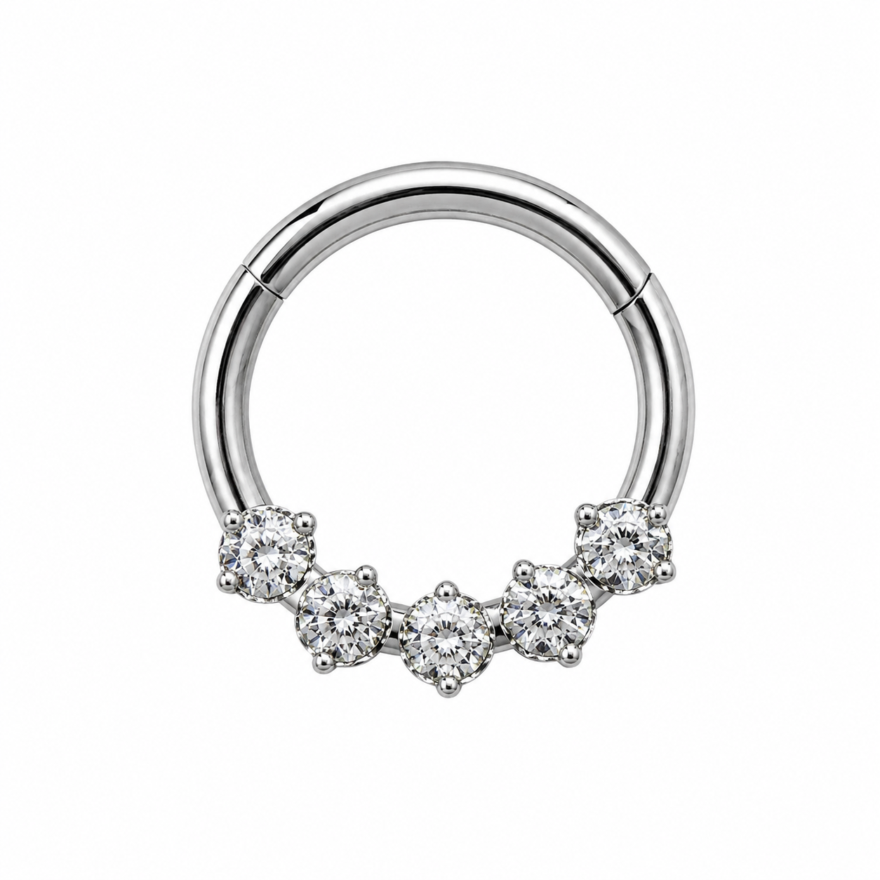 Anneau clicker argente 5 zircons solitaires arc — miniature fond blanc