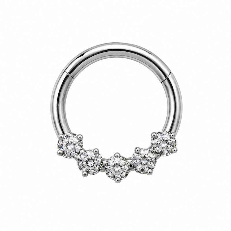 Anneau clicker argente 5 zircons solitaires arc — miniature fond blanc