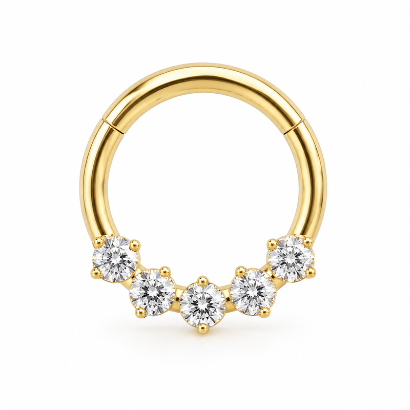 Anneau clicker dore 5 zircons solitaires arc — miniature fond blanc