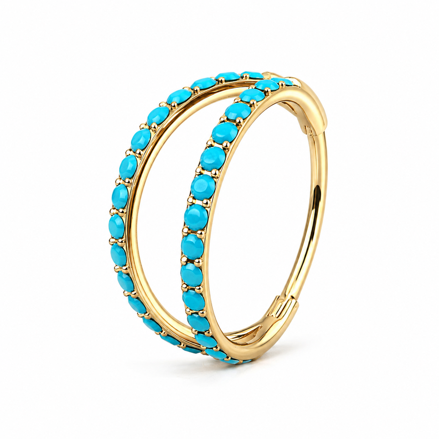 Anneau double clicker dore 2 arcs pave pierres turquoise bleues — miniature fond blanc