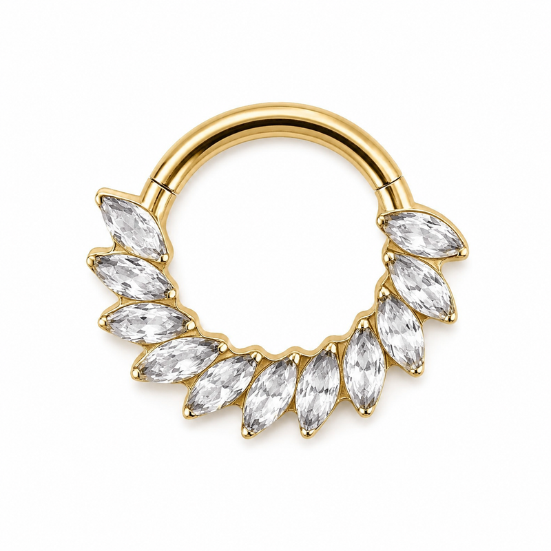 Anneau clicker dore 13 zircons marquise plumes arc complet — miniature fond blanc
