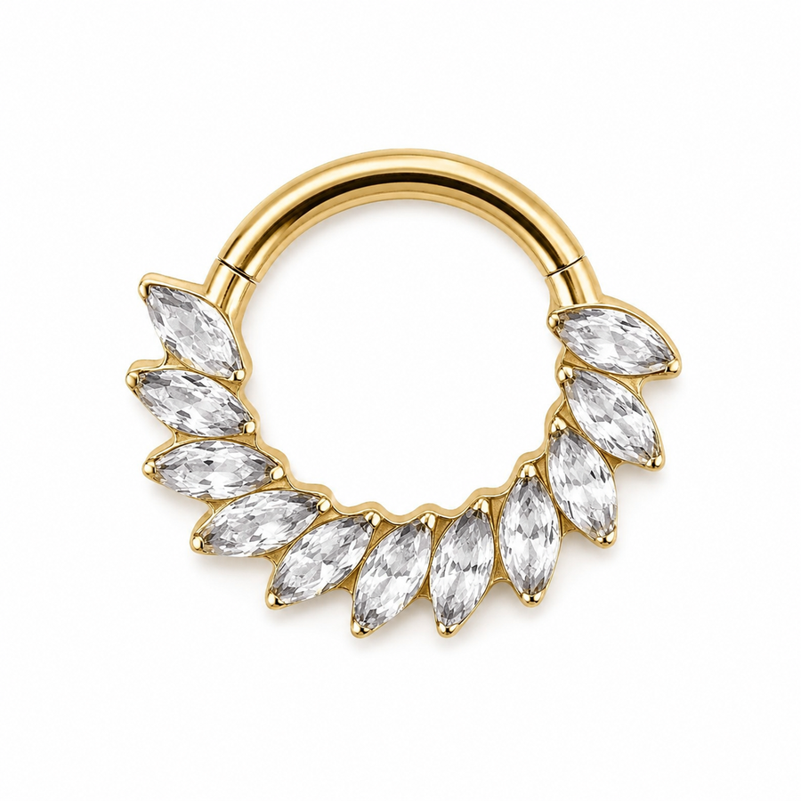 Anneau clicker dore 13 zircons marquise plumes arc complet — miniature fond blanc