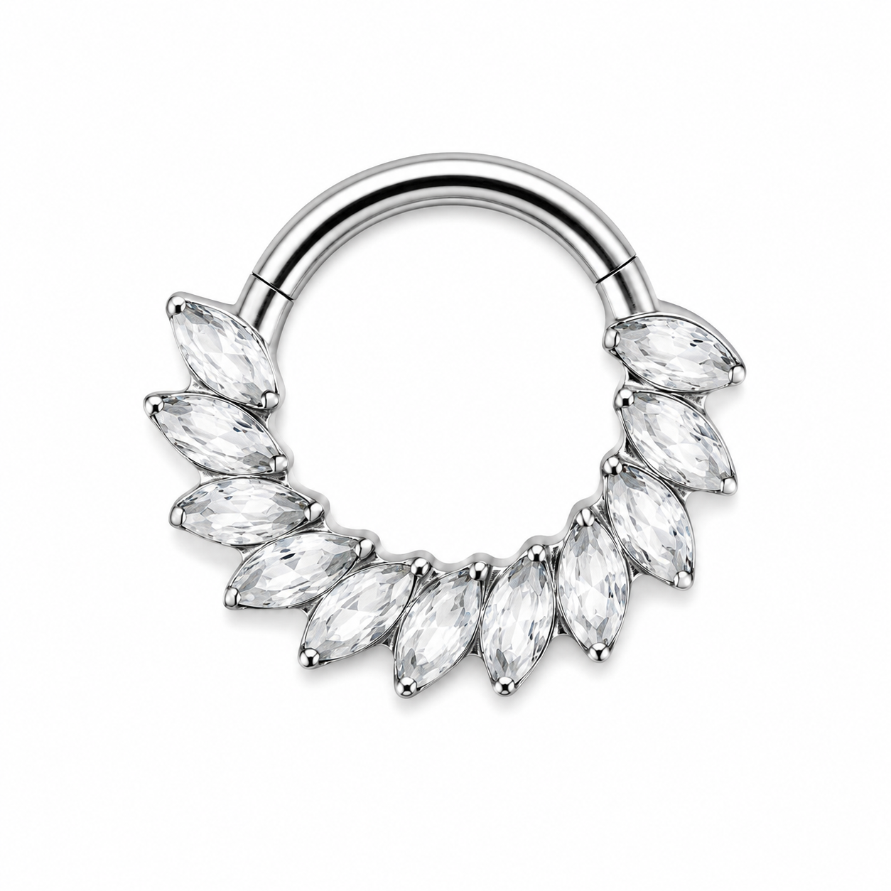 Anneau clicker argente 13 zircons marquise plumes arc complet — miniature fond blanc