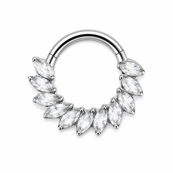 Anneau clicker argente 13 zircons marquise plumes arc complet — miniature fond blanc