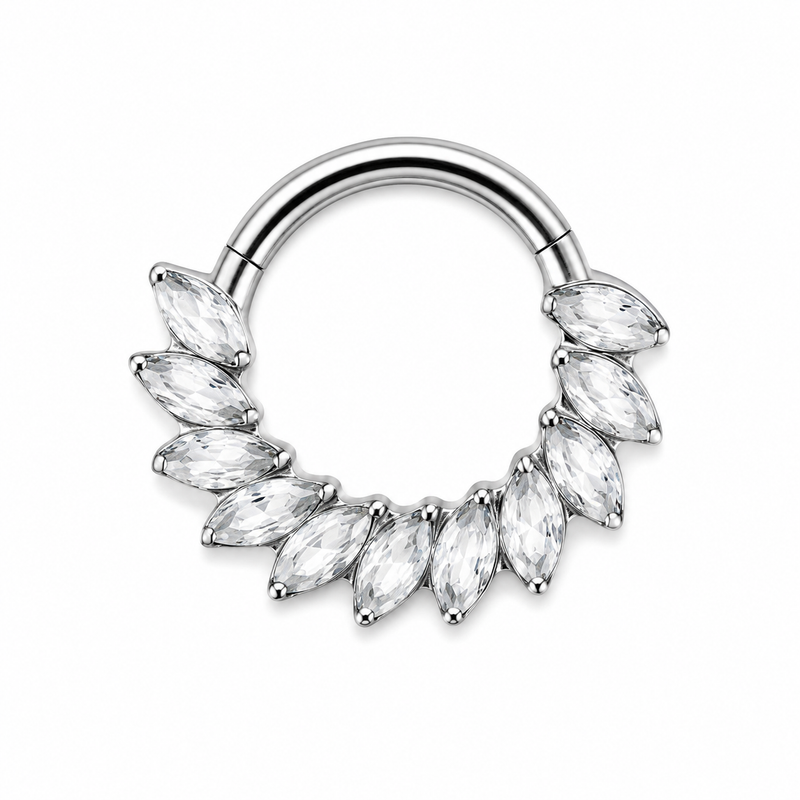 Anneau clicker argente 13 zircons marquise plumes arc complet — miniature fond blanc