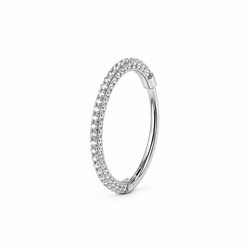 Anneau clicker fin argente 2 rangs micro-zircons pave complet — miniature fond blanc