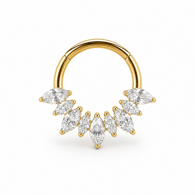 Anneau clicker dore 7 zircons marquise arc couronne — miniature fond blanc