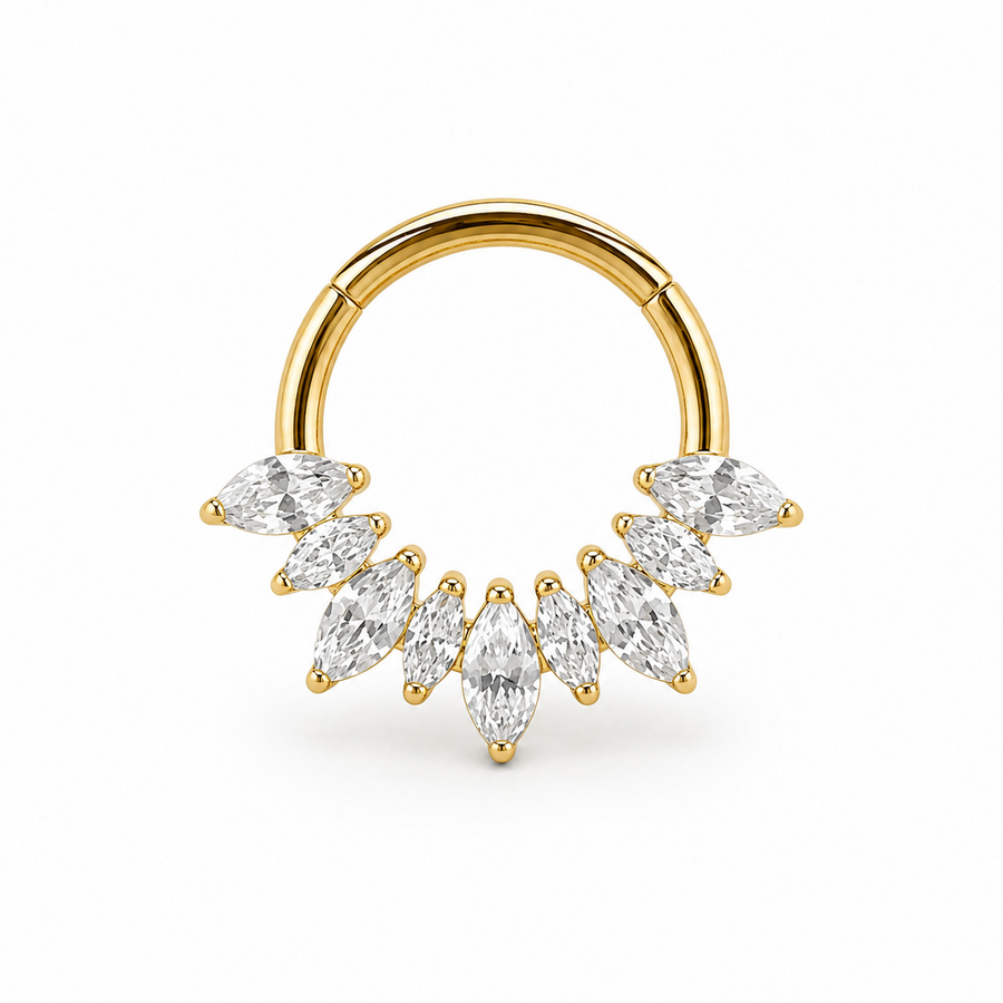 Anneau clicker dore 7 zircons marquise arc couronne — miniature fond blanc