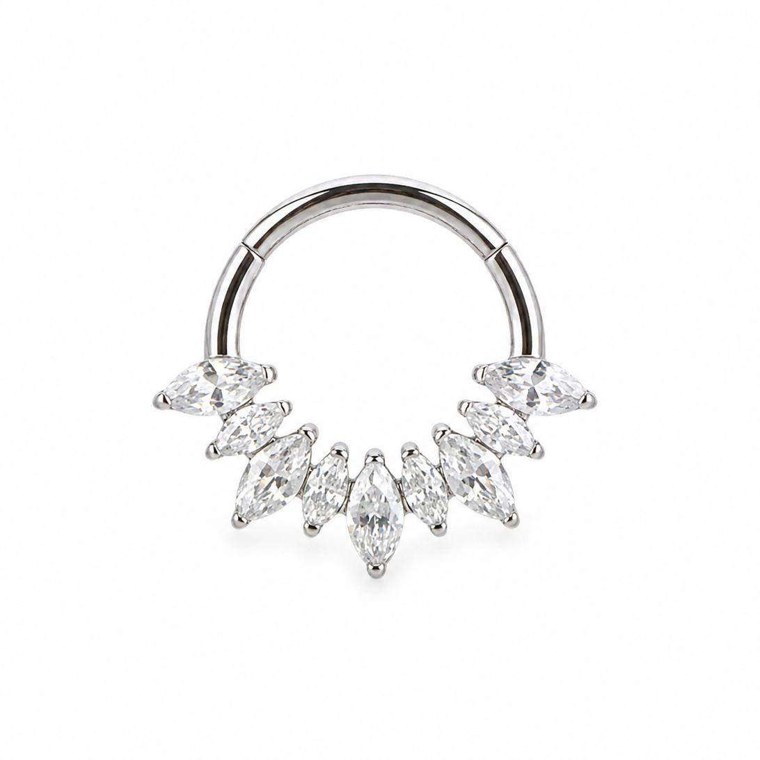 Anneau clicker argente 7 zircons marquise arc couronne — miniature fond blanc