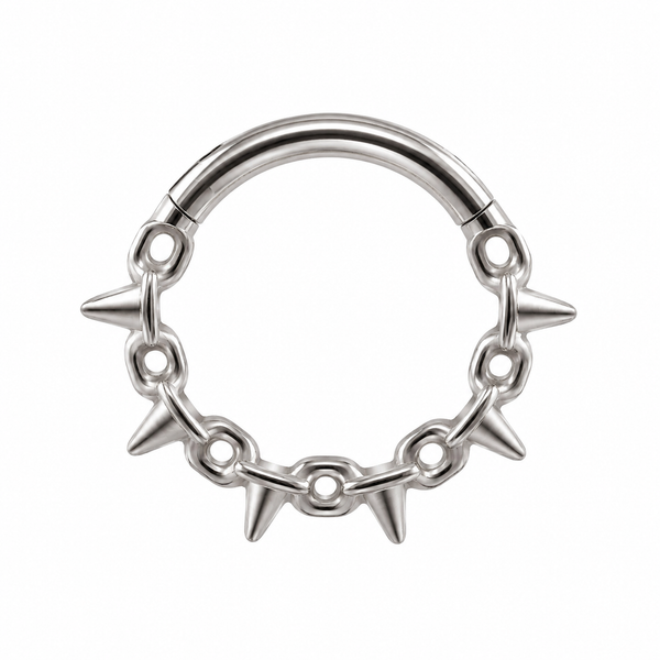 Anneau clicker argente 5 spikes pointes chaine maillons — miniature fond blanc
