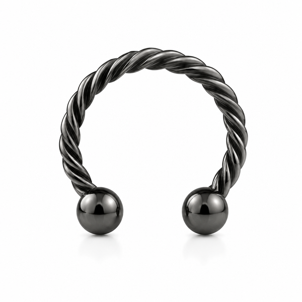 Fer a cheval noir PVD torsade 2 boules — miniature fond blanc