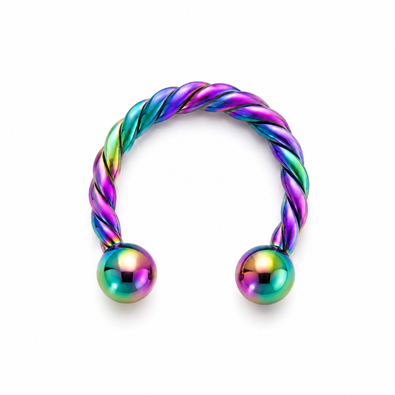 Fer a cheval multicolore arc-en-ciel torsade 2 boules — miniature fond blanc