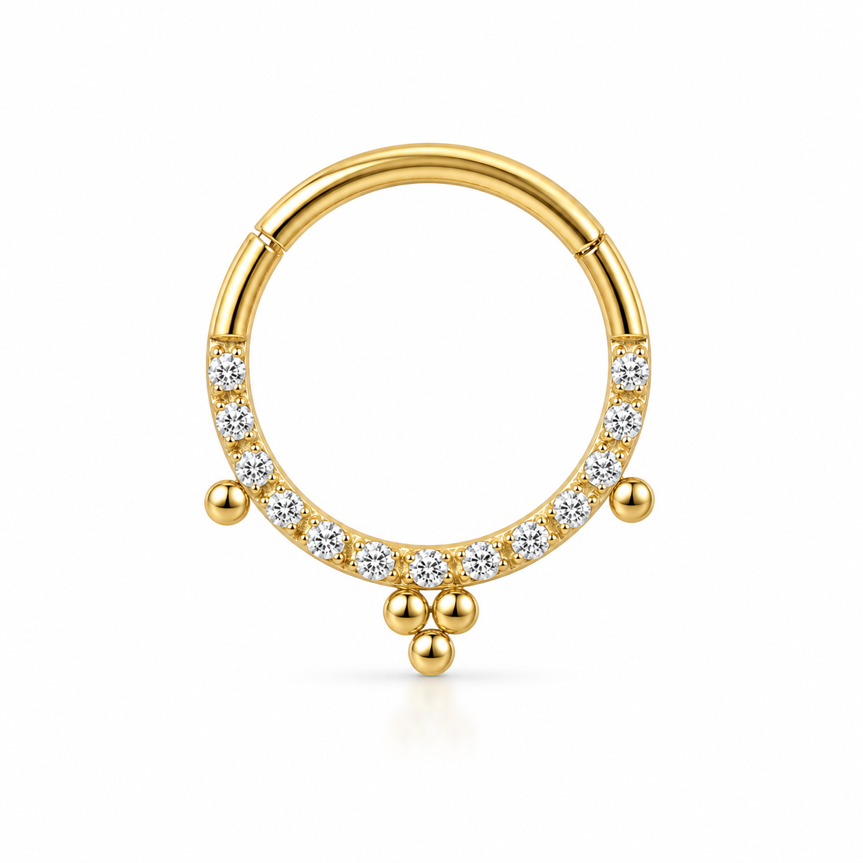 Anneau clicker dore demi-arc pave zircons 3 pendentifs boules — miniature fond blanc