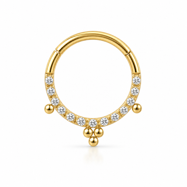 Anneau clicker dore demi-arc pave zircons 3 pendentifs boules — miniature fond blanc