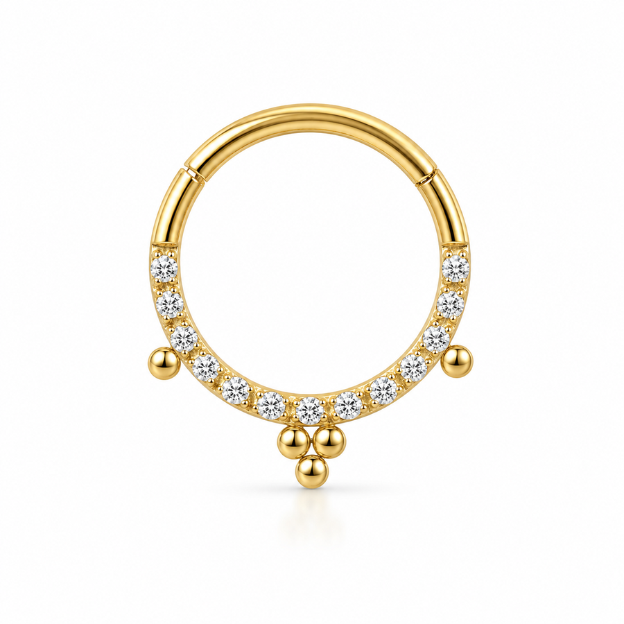 Anneau clicker dore demi-arc pave zircons 3 pendentifs boules — miniature fond blanc