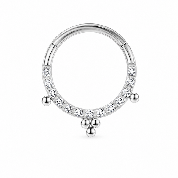Anneau clicker argente pave zircons 3 pendentifs boules — miniature fond blanc