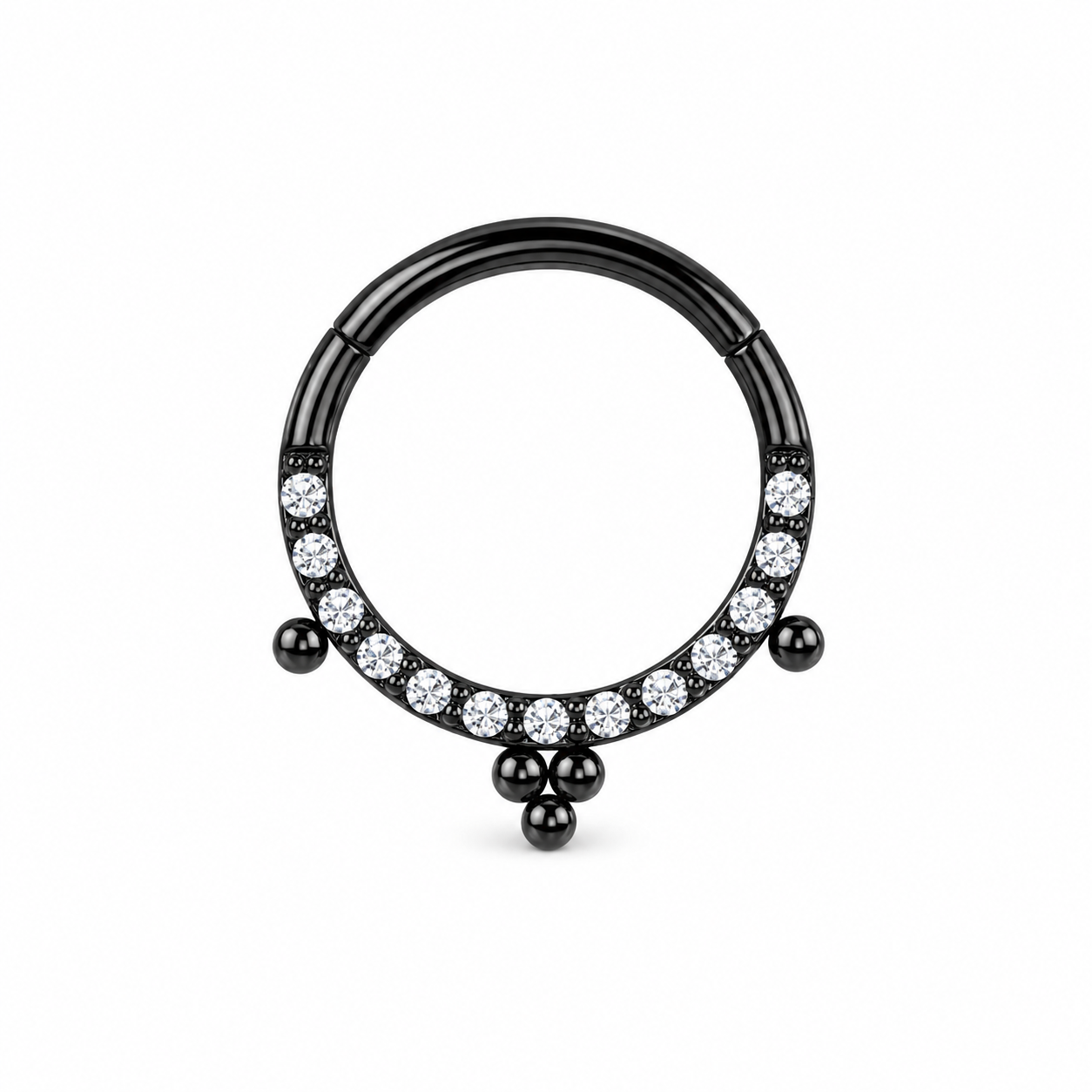Anneau clicker noir PVD demi-arc pave zircons 3 pendentifs boules — miniature fond blanc