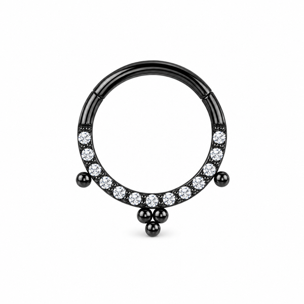 Anneau clicker noir PVD demi-arc pave zircons 3 pendentifs boules — miniature fond blanc