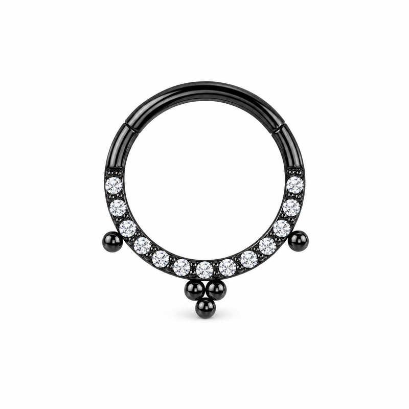 Anneau clicker noir PVD demi-arc pave zircons 3 pendentifs boules — miniature fond blanc
