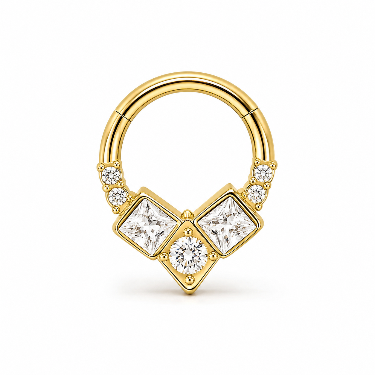 Anneau clicker dore 3 zircons carres 4 ronds geometrique — miniature fond blanc