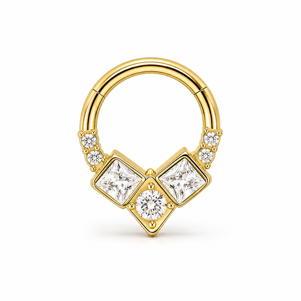 Anneau clicker dore 3 zircons carres 4 ronds geometrique — miniature fond blanc