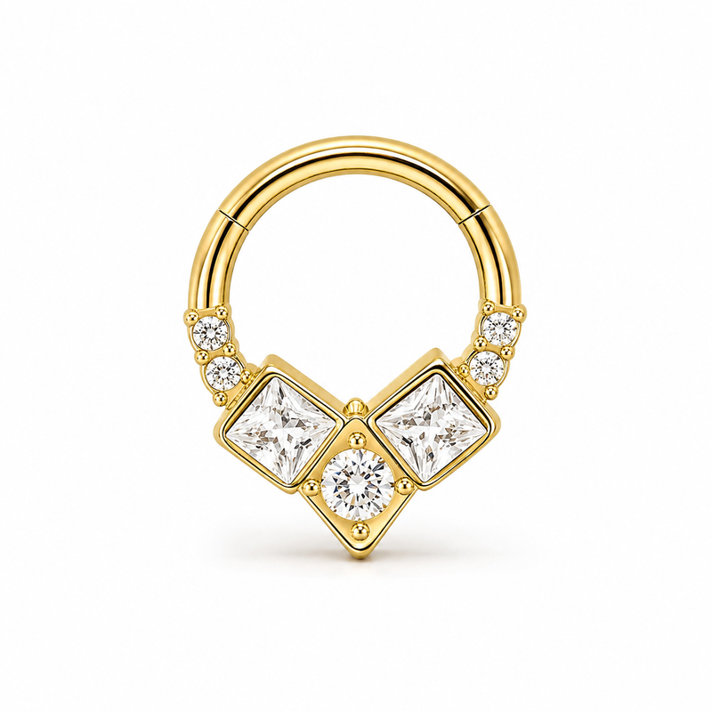 Anneau clicker dore 3 zircons carres 4 ronds geometrique — miniature fond blanc