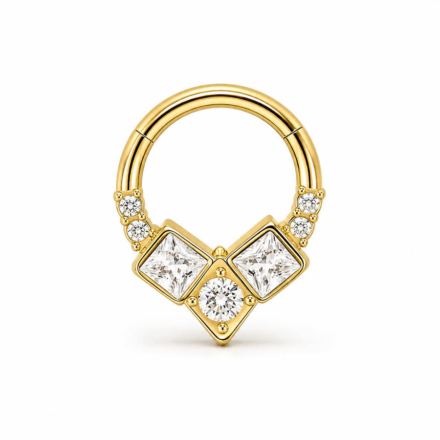 Anneau clicker dore 3 zircons carres 4 ronds geometrique — miniature fond blanc