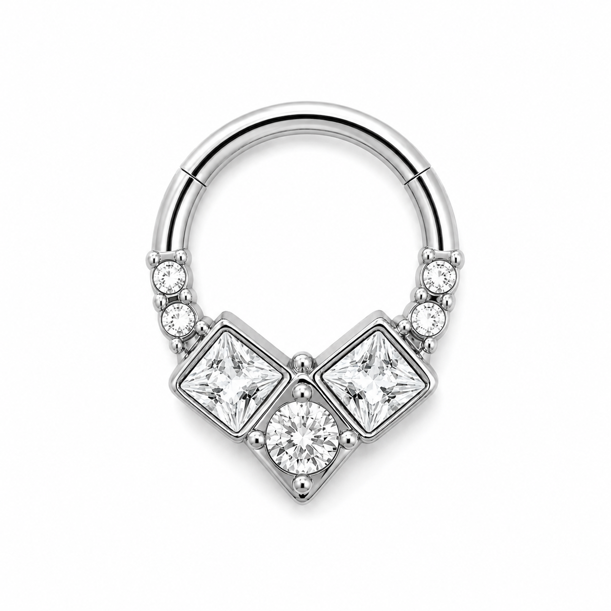 Anneau clicker argente 3 zircons carres 4 ronds geometrique — miniature fond blanc