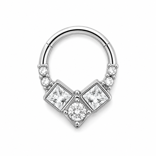 Anneau clicker argente 3 zircons carres 4 ronds geometrique — miniature fond blanc