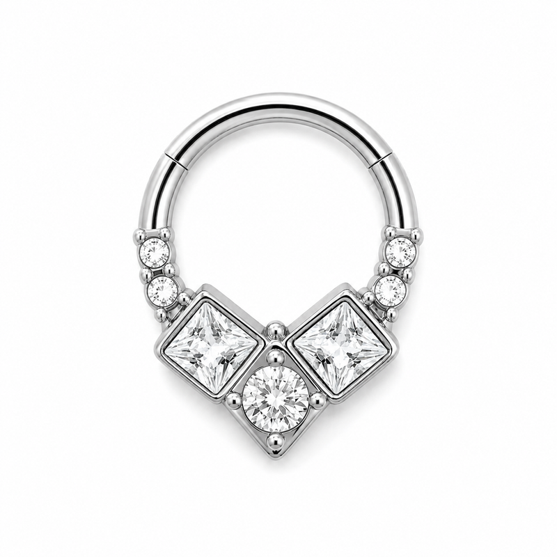 Anneau clicker argente 3 zircons carres 4 ronds geometrique — miniature fond blanc
