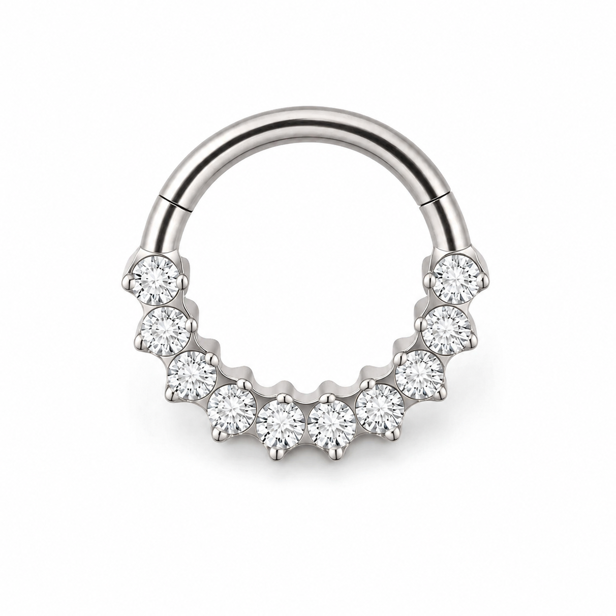 Anneau clicker argente 11 zircons blancs arc — miniature fond blanc