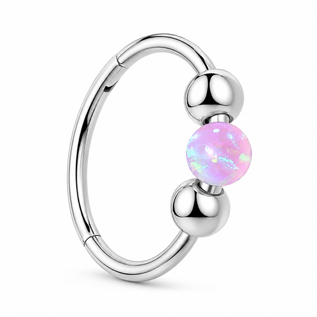 Anneau piercing nez argente opale australienne rose 3 billes - fond blanc