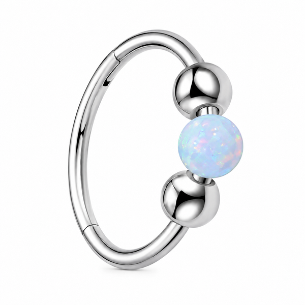 Anneau piercing nez argente opale australienne bleue 3 billes - fond blanc
