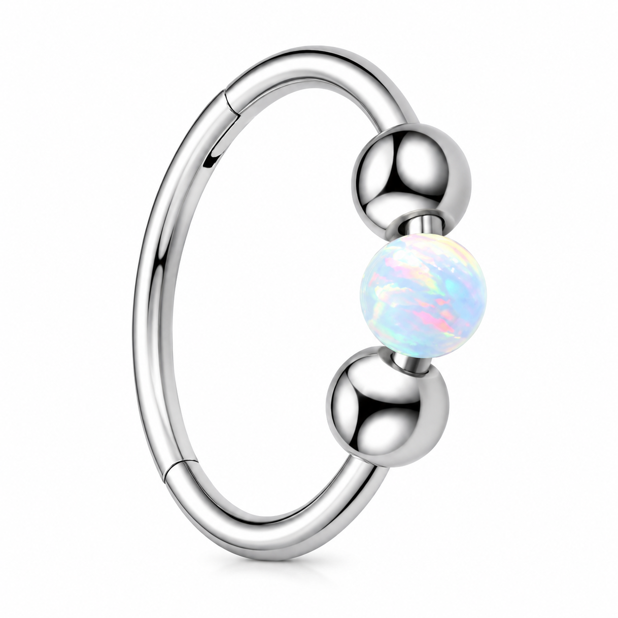 Anneau piercing nez argente opale australienne blanc irise 3 billes - fond blanc