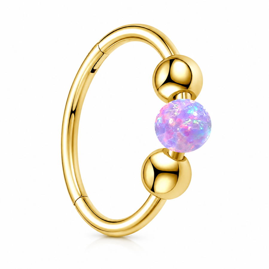 Anneau piercing nez dore opale australienne violette 3 billes - fond blanc
