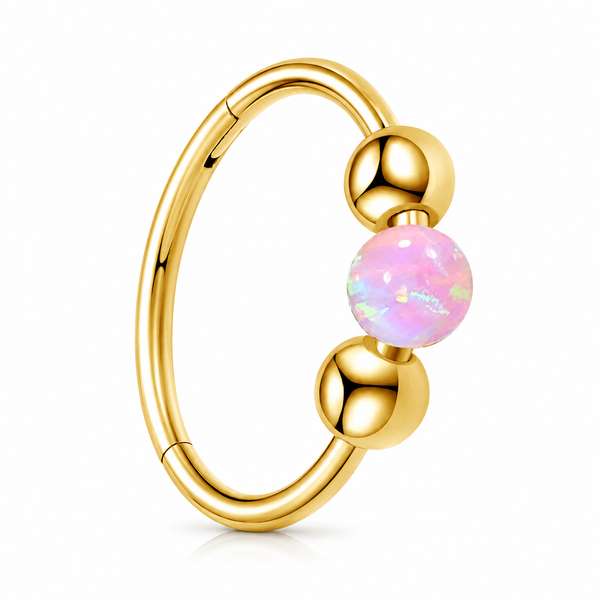 Anneau piercing nez dore opale australienne rose 3 billes - fond blanc