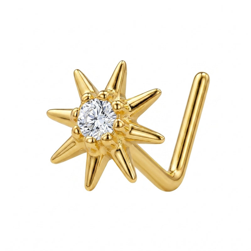 Clou en L dore etoile polaire 8 branches zircon central — fond blanc