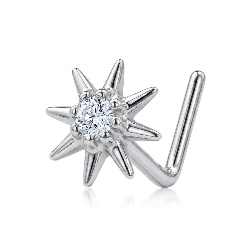 Clou en L argente etoile polaire 8 branches zircon central — fond blanc
