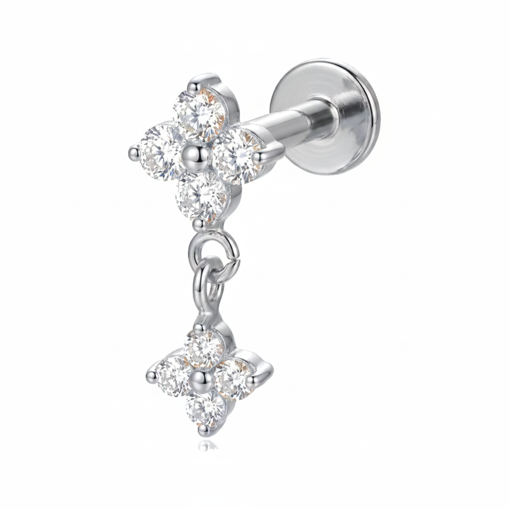 Piercing oreille labret doré fleur zircone double pendentif - vue 3