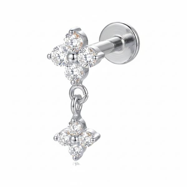 Piercing oreille labret doré fleur zircone double pendentif - vue 3